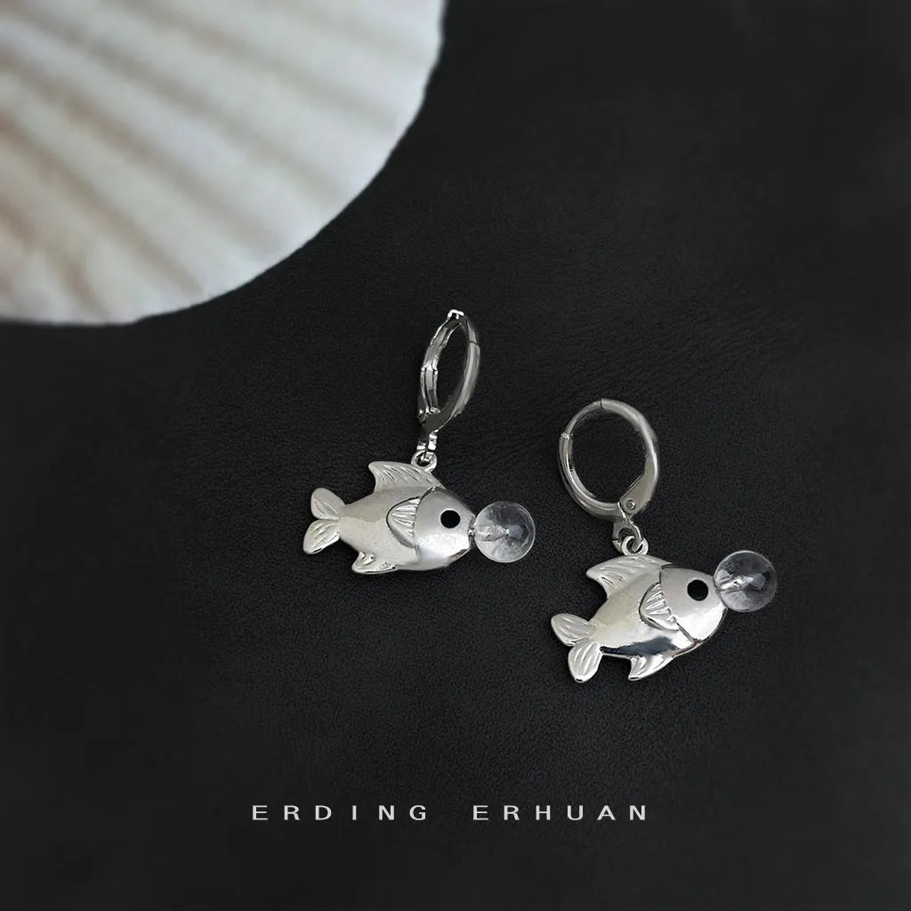 Bubble fish design copper earrings with goldfish animal modelling elements
