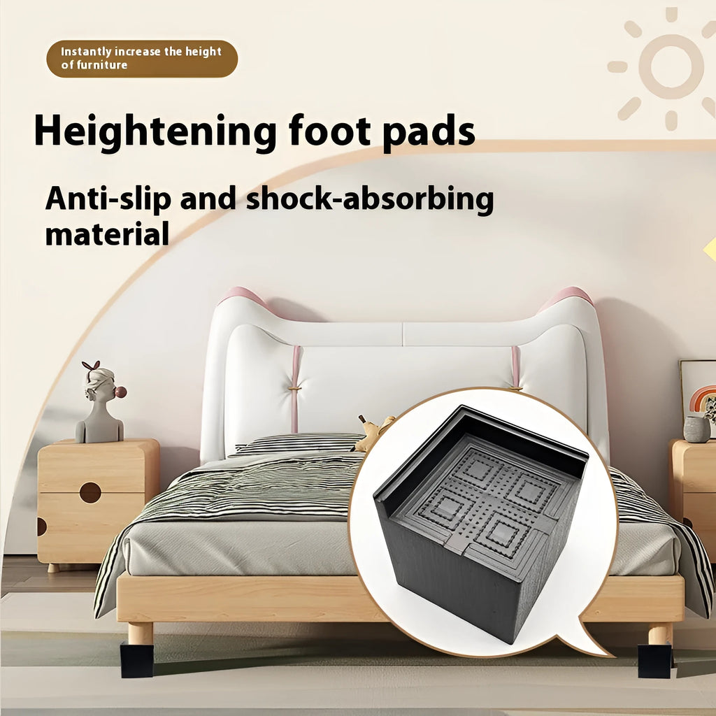 Four black thickened plastic bed foot mats arranged together for furniture height increase and floor protection