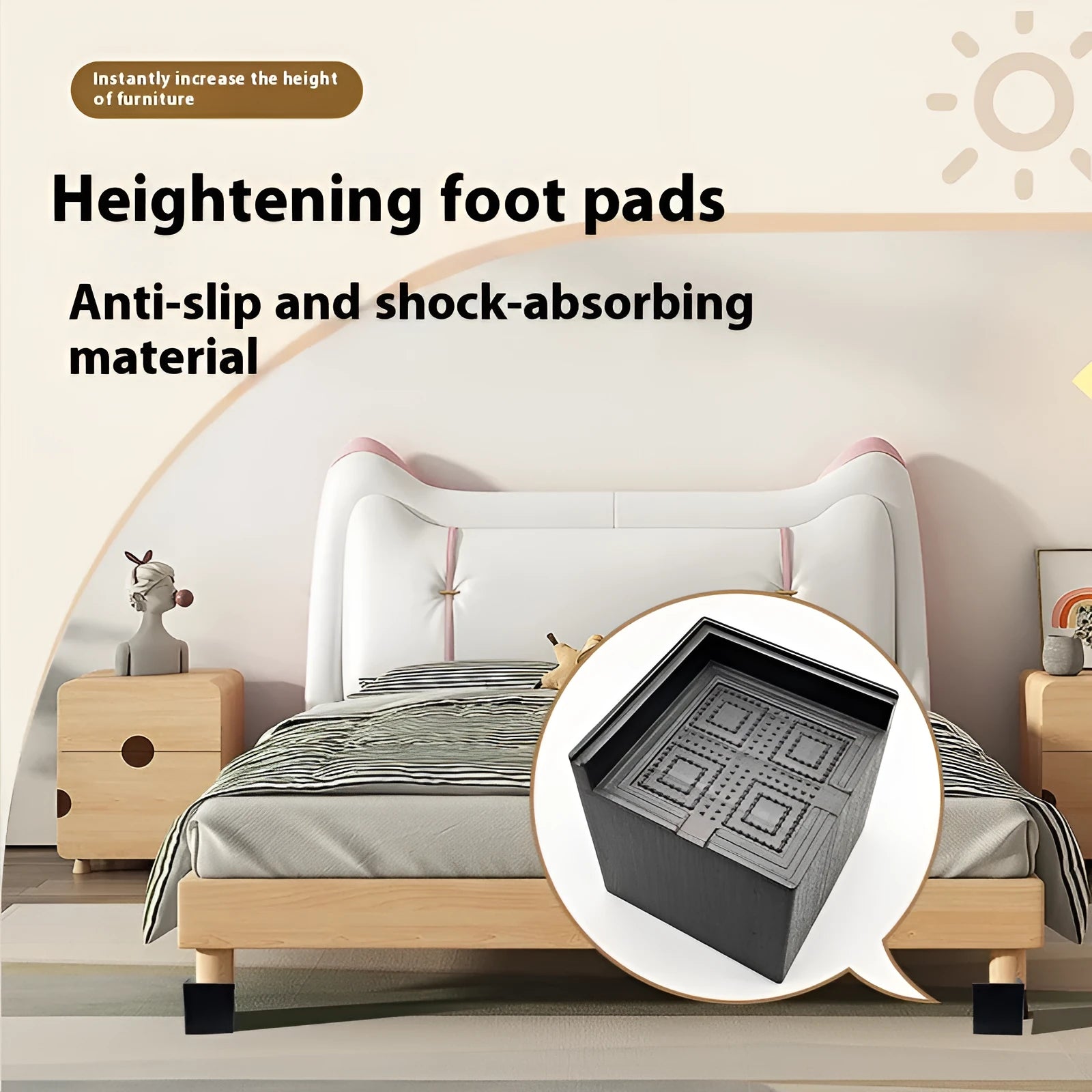 Four black thickened plastic bed foot mats arranged together for furniture height increase and floor protection