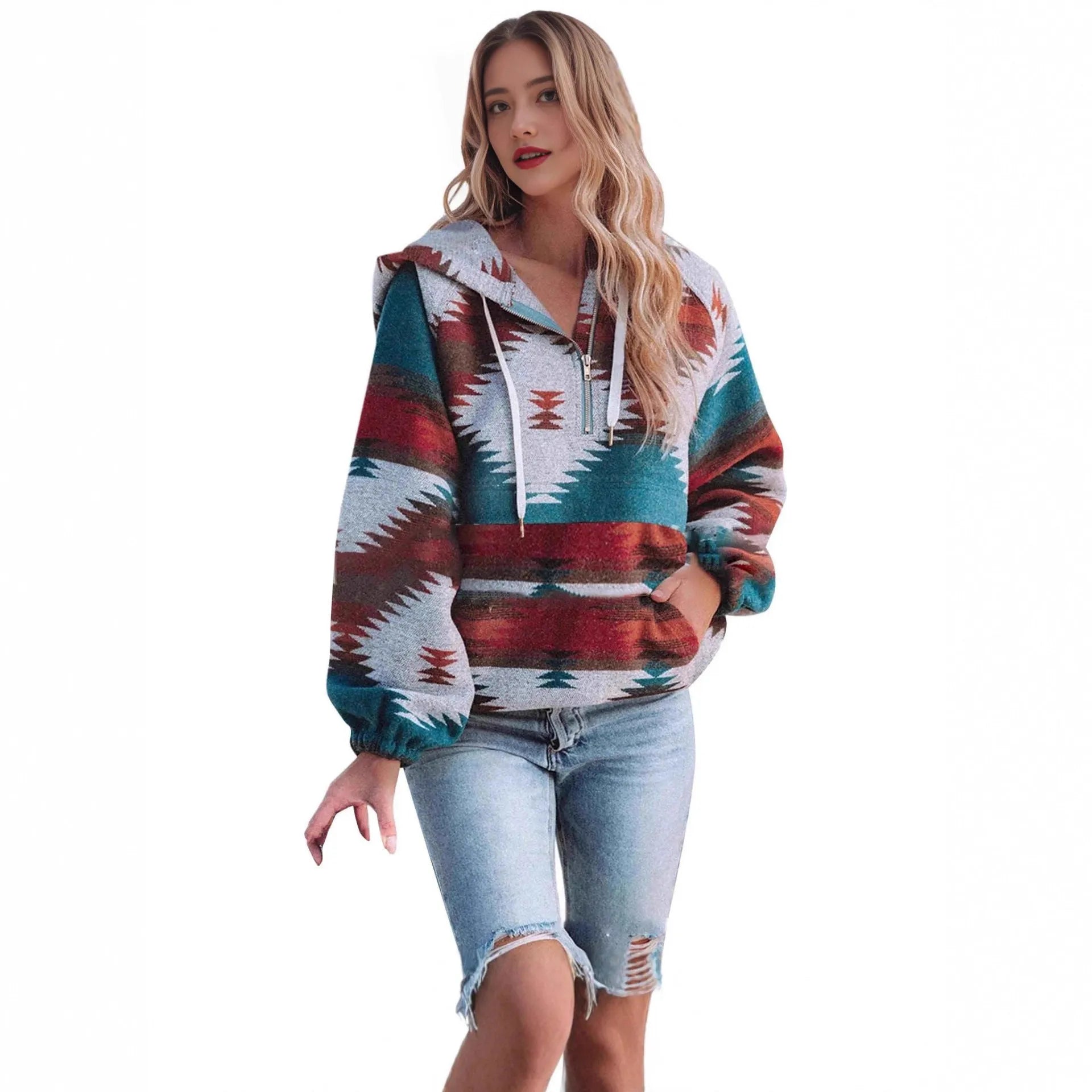 Women's retro fashion half-zip long sleeve sweatshirt with digital print, loose fit pullover in polyester, colour M2590801