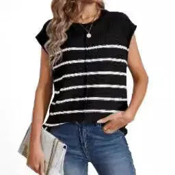 Women's striped sleeveless pullover vest in acrylic fabric, shown in multiple colour options.