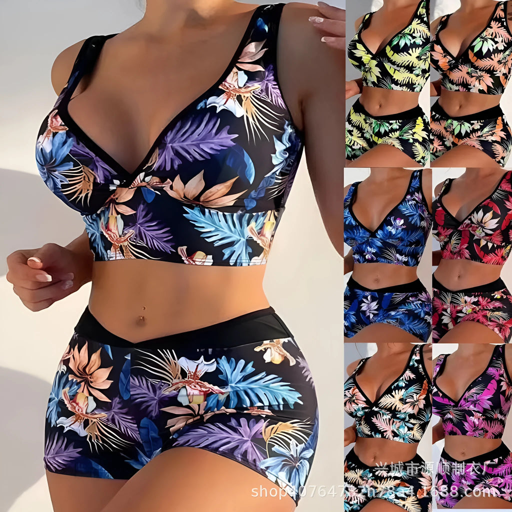 Women's printed two-piece swimsuit with sleeveless top and boxer-style briefs in multiple colours