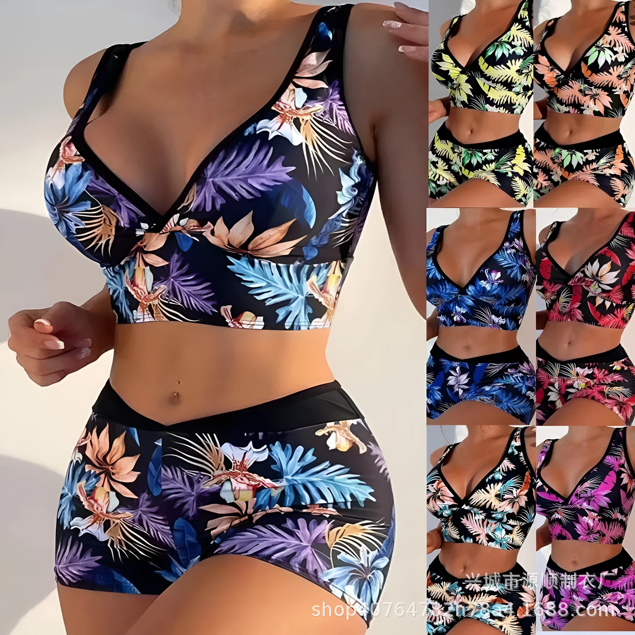 Women's printed two-piece swimsuit with sleeveless top and boxer-style briefs in multiple colours