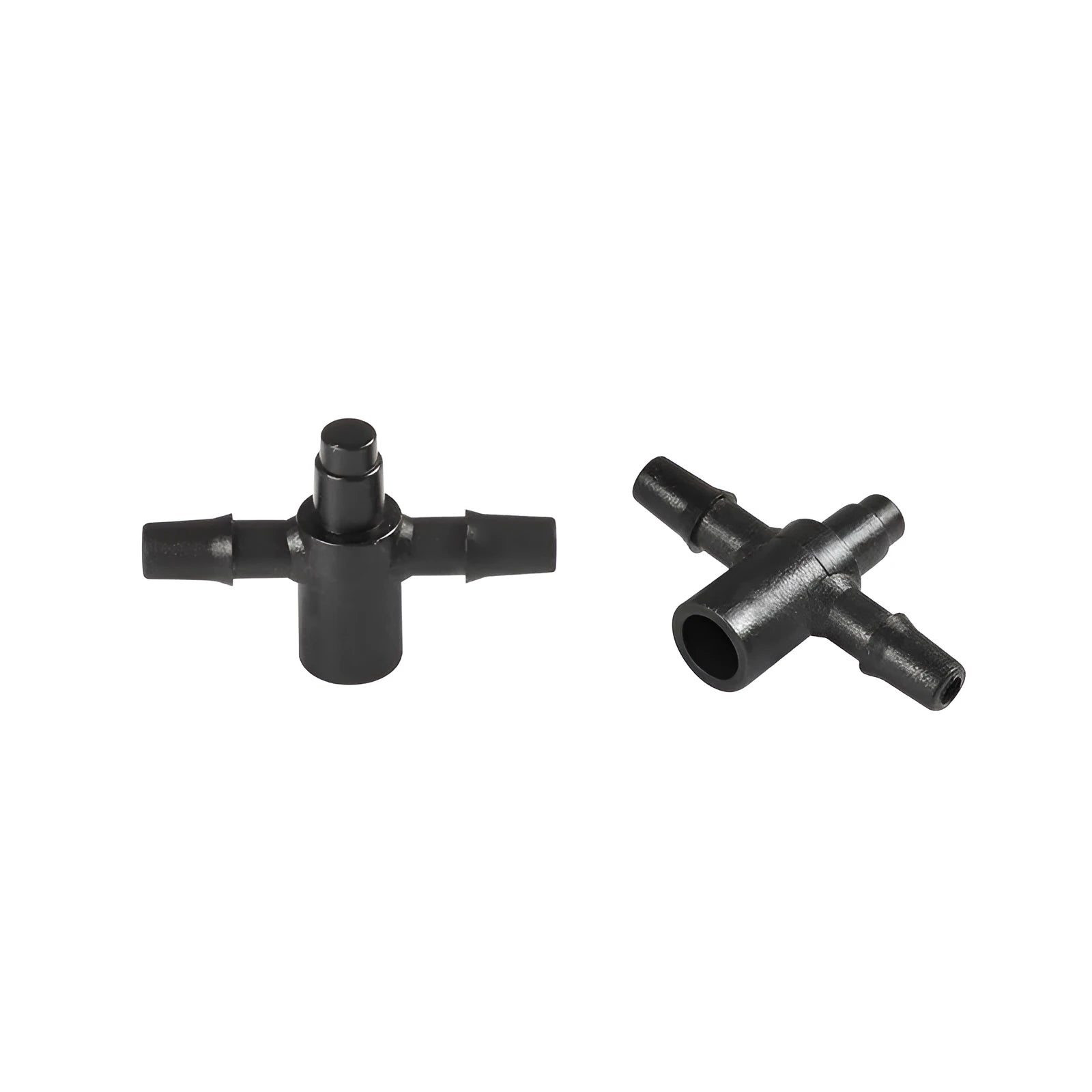 White PE plastic tee water distributor connector for garden irrigation micro spray systems.