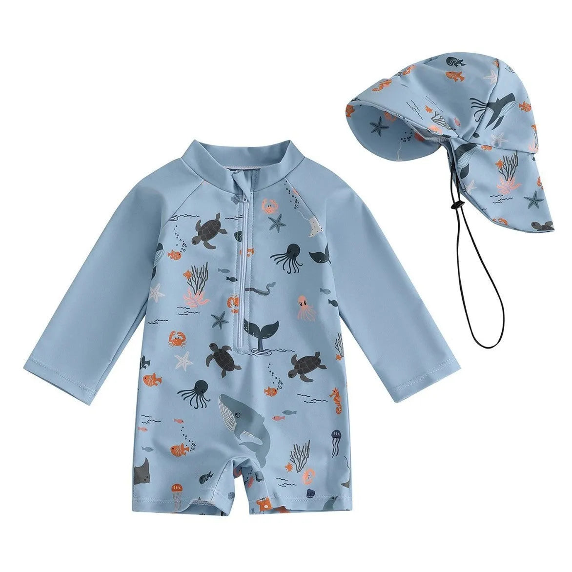 Boys one-piece long sleeve polyester swimsuit with hat in light blue cartoon pattern