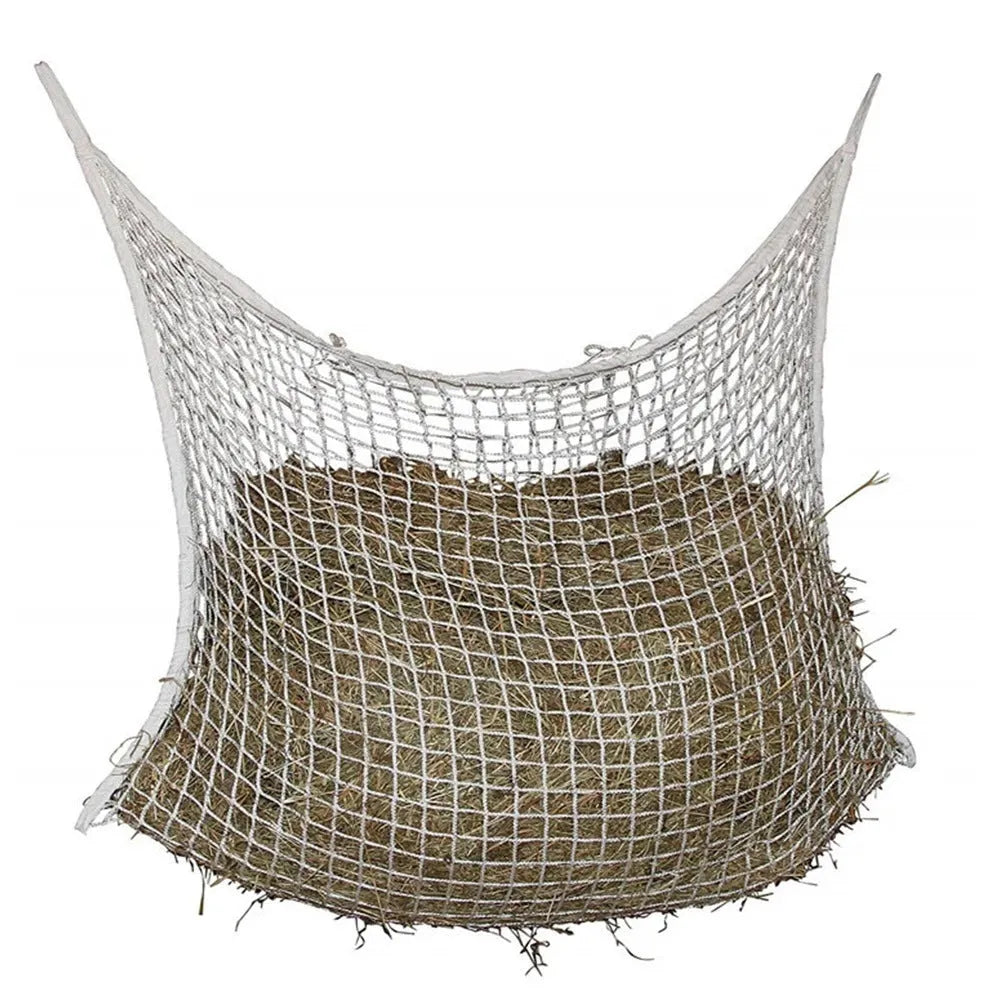 Woven PE rope horse feeding bag hanging with black or white colour options