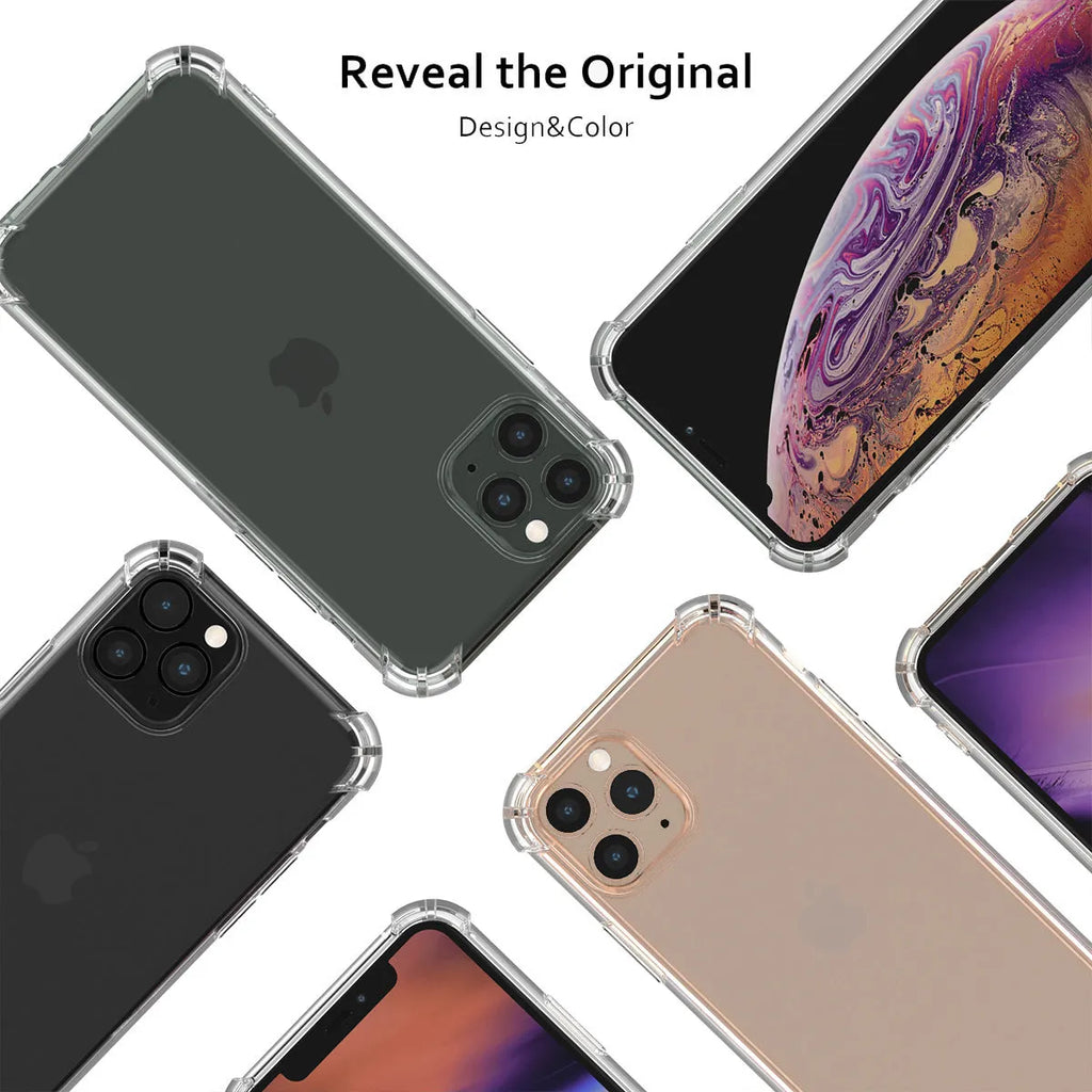 Transparent shockproof TPU case for multiple iPhone models on a smartphone