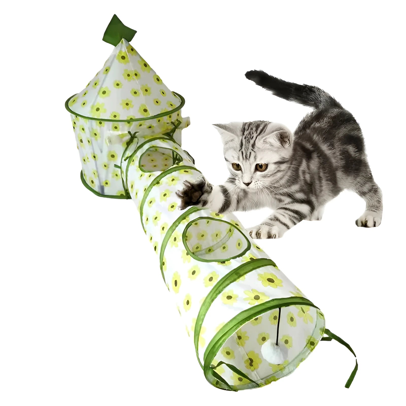 Cat play tunnel folding interactive bunny tent with black and white kitten pattern, made of polyester and canvas, with tunnel attached