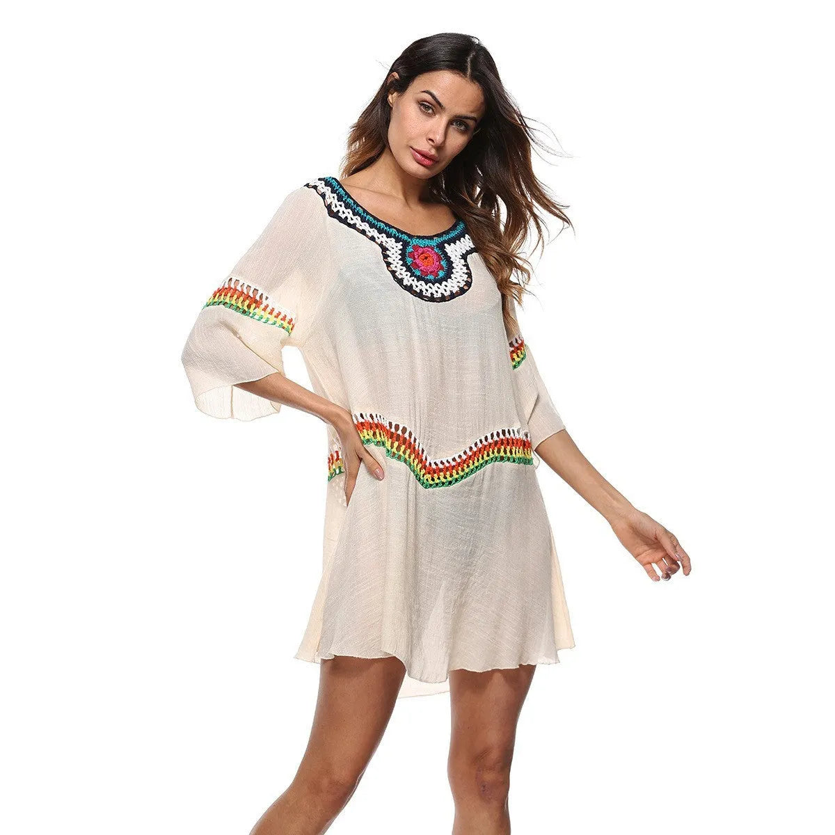 Crocheted ethnic style beach clothing for women in apricot colour with sun protection for swimming