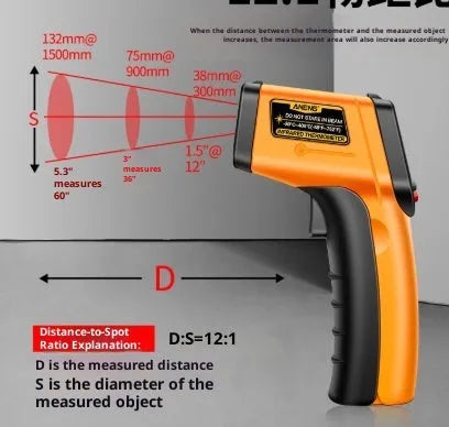High precision infrared thermometer for industrial use, handheld device in black and orange