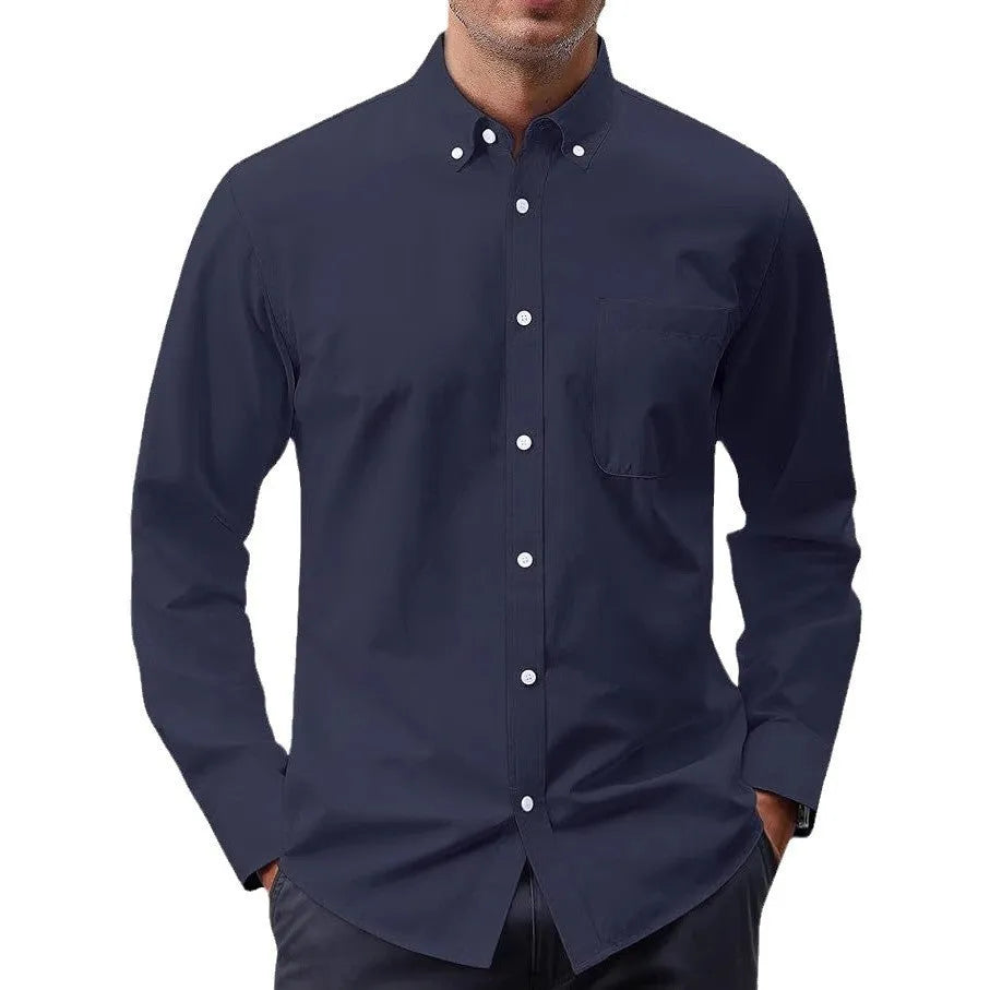 Cotton blend Oxford long sleeve button shirt in cardigan style