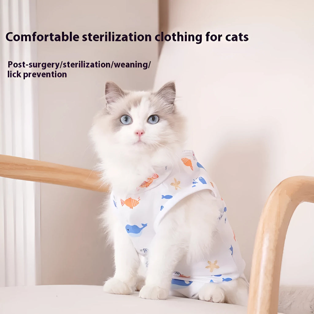 Polyester cat surgical recovery suit with Velcro fastenings in a printed design, sizes S M L XL.