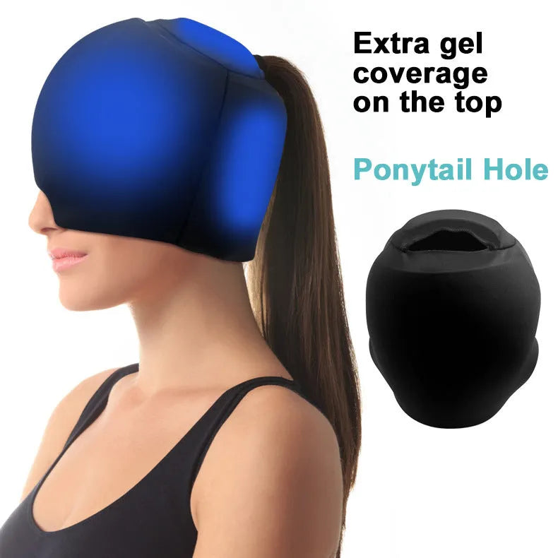 Solid colour cold compress cap in a fully enclosed design for head cooling therapy.