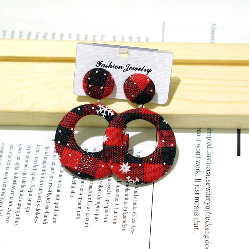 Women's cloth geometric round Christmas earrings with snowflake design, 4cm diameter