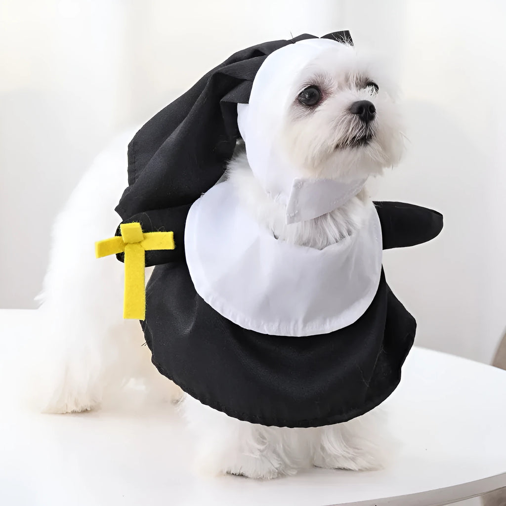Black polyester nun costume for cats and dogs worn as Halloween pet dress up