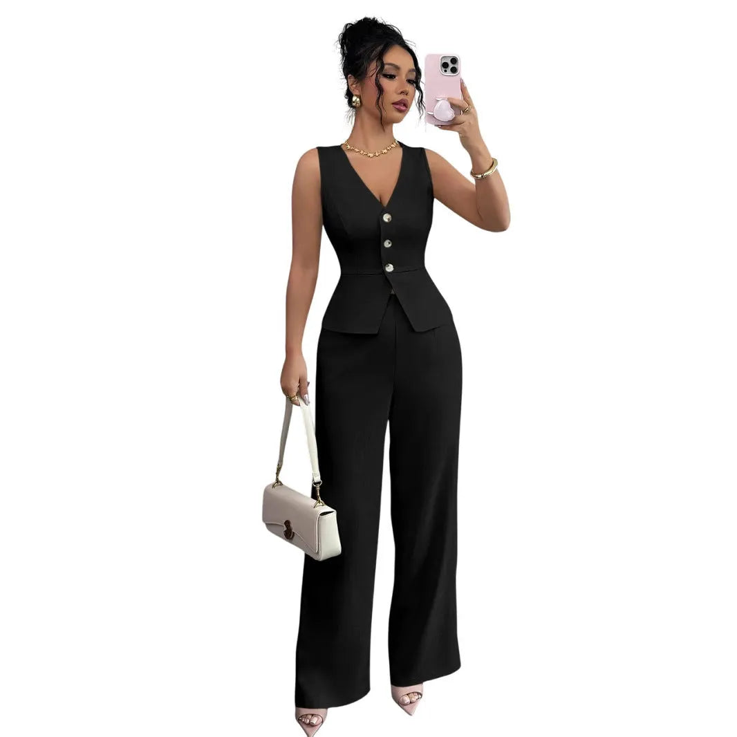 Women's solid colour sleeveless vest and high-waist trousers two-piece set in casual Japanese Korean style