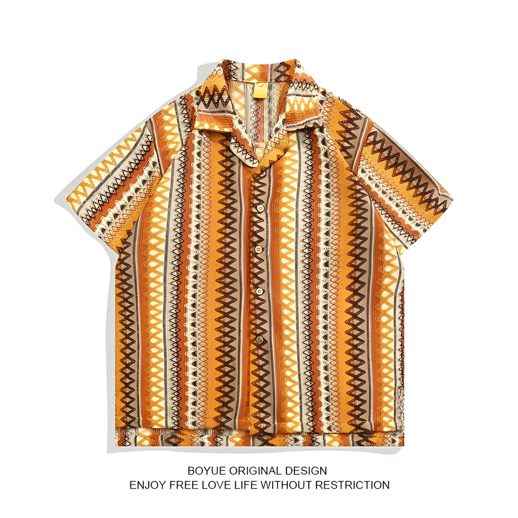 Ethnic style woven Cuban collar shirt in contrast colours with short sleeves and loose fit.