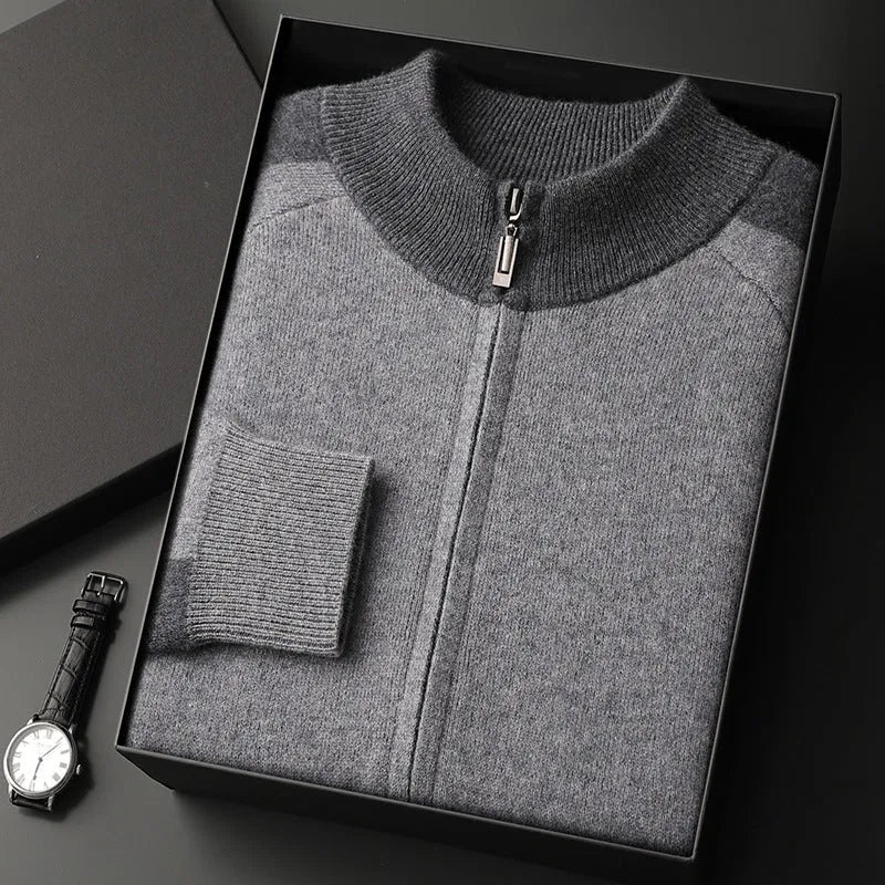 Men's cashmere wool blend cardigan suit with half turtleneck zip top and matching trousers in winter colours