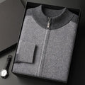 Men's cashmere wool blend cardigan suit with half turtleneck zip top and matching trousers in winter colours