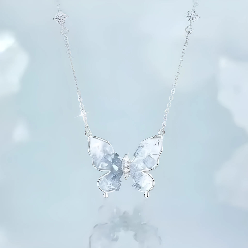 S925 silver butterfly necklace with ice rain pendant on O-ring chain, adjustable 41-50cm perimeter