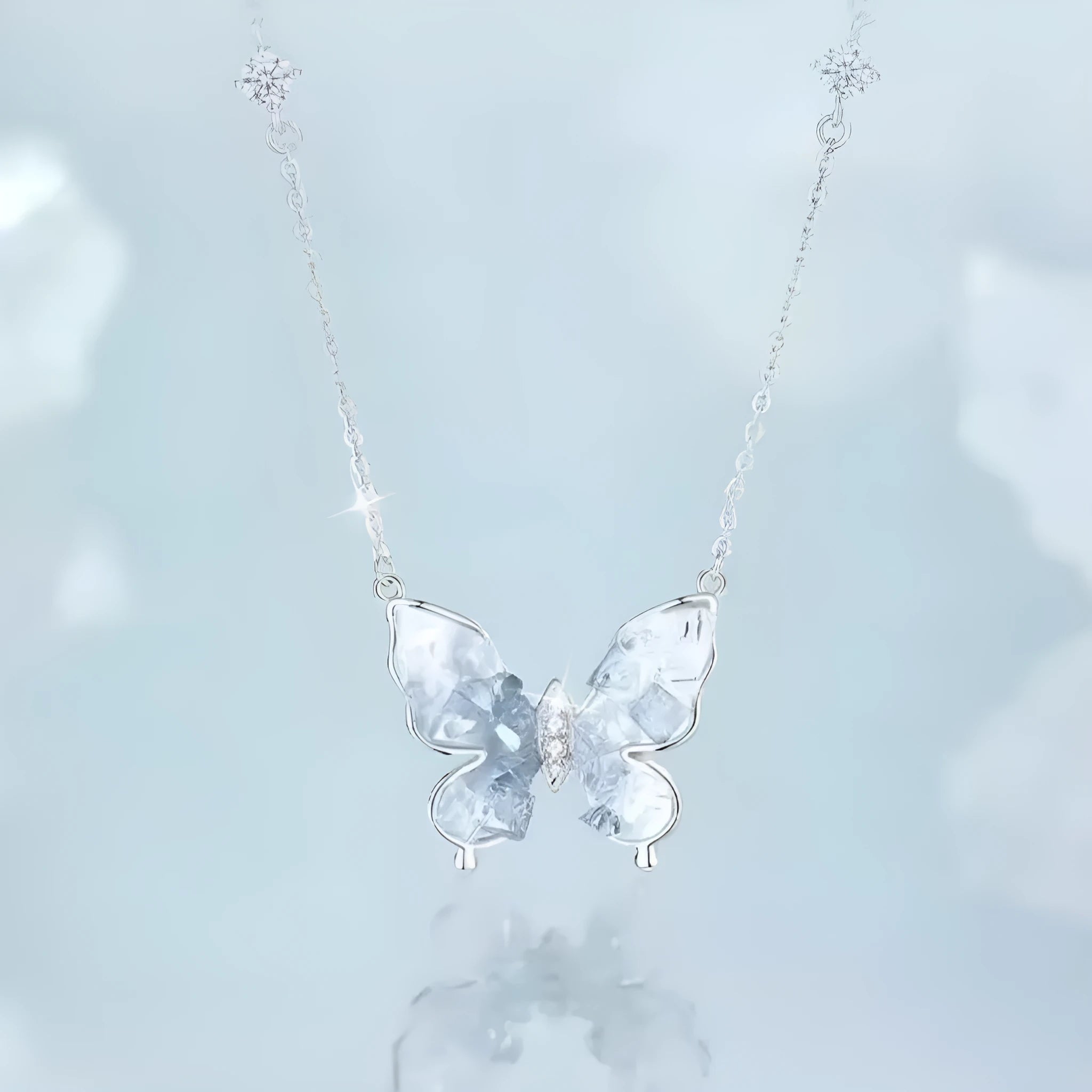 S925 silver butterfly necklace with ice rain pendant on O-ring chain, adjustable 41-50cm perimeter