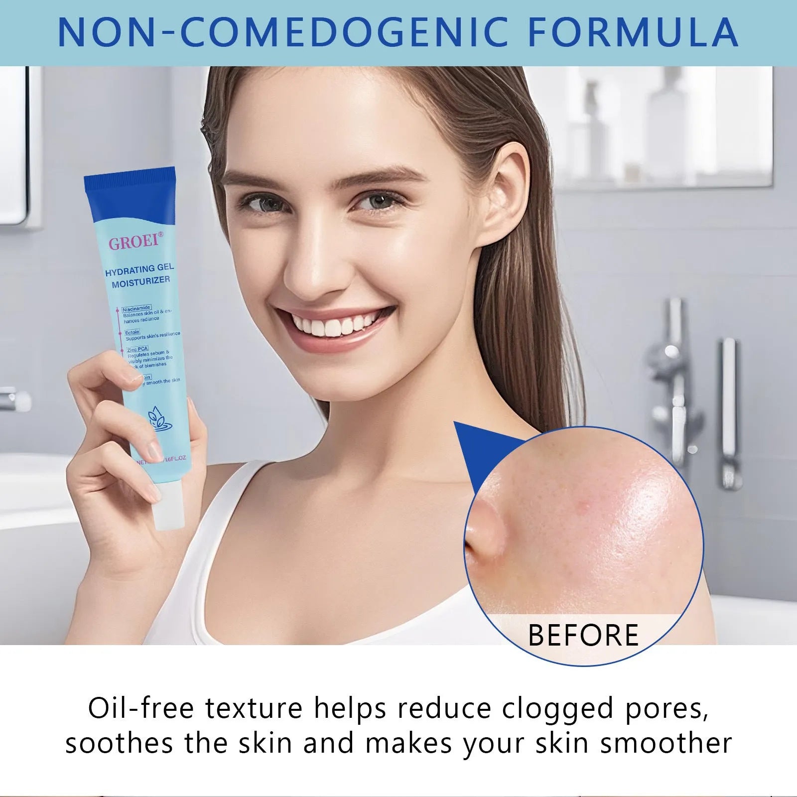 50ml moisturising facial gel with hyaluronic acid in clear container
