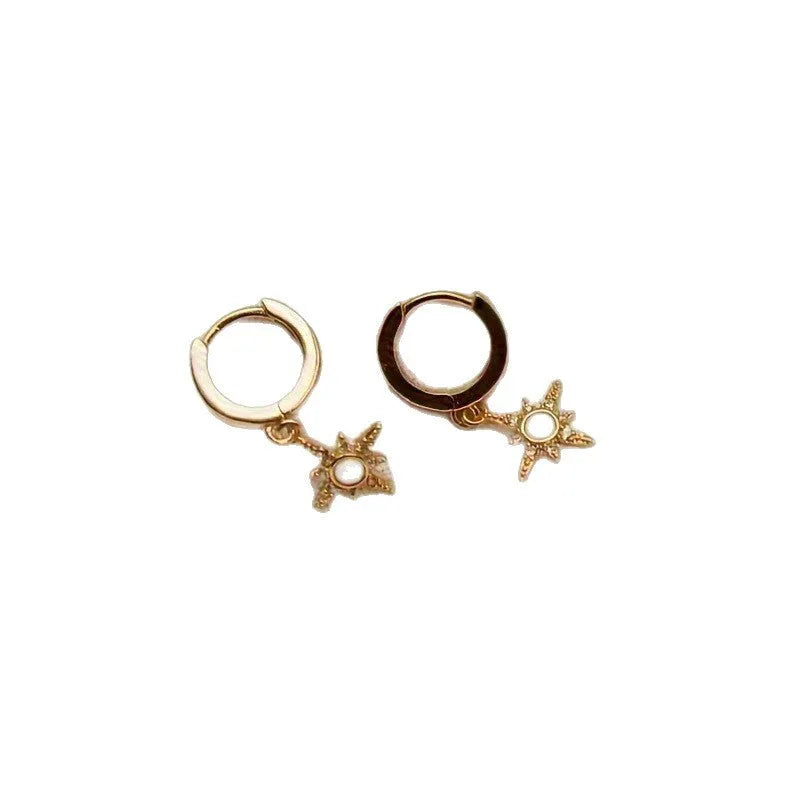 Gold eight-pointed star opal earrings for women, copper base, geometric drop style