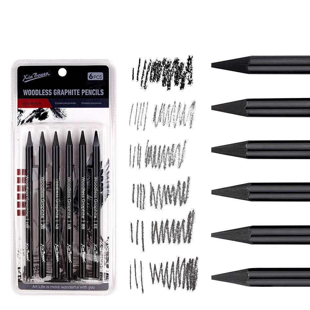 Set of wood-free graphite sketching pencils in six hardness grades for drawing and art