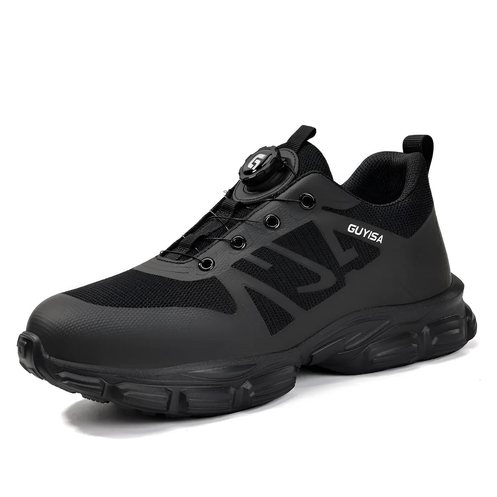 Lightweight industrial safety shoes with flyknit upper, steel toe cap, and dark coloured outsole.