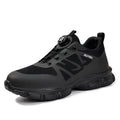 Lightweight industrial safety shoes with flyknit upper, steel toe cap, and dark coloured outsole.