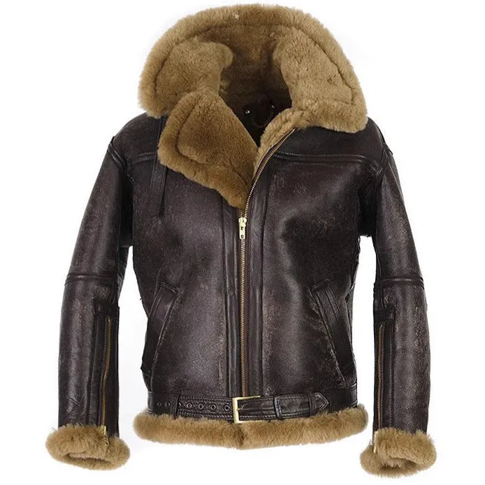 Brown synthetic leather fur coat with side pockets and straight hem design