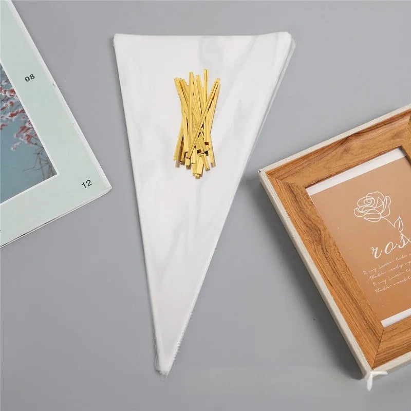 Triangle transparent plastic packaging bag with wire tie closure showing geometric shape