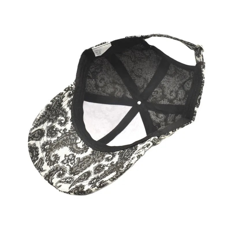Polyester baseball cap with paisley print pattern in blue, black, or wine red.