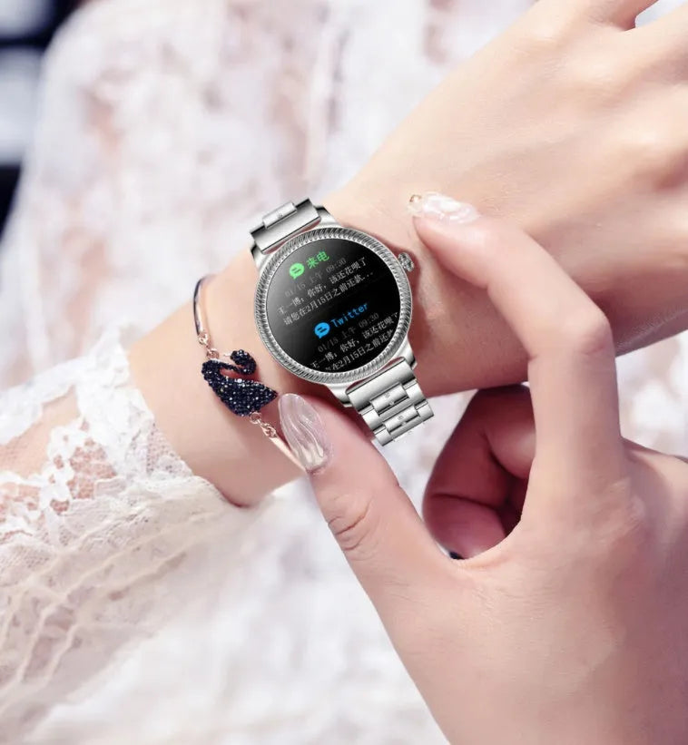 AK38 ladies smart watch with stainless steel band and 1.09-inch TFT display