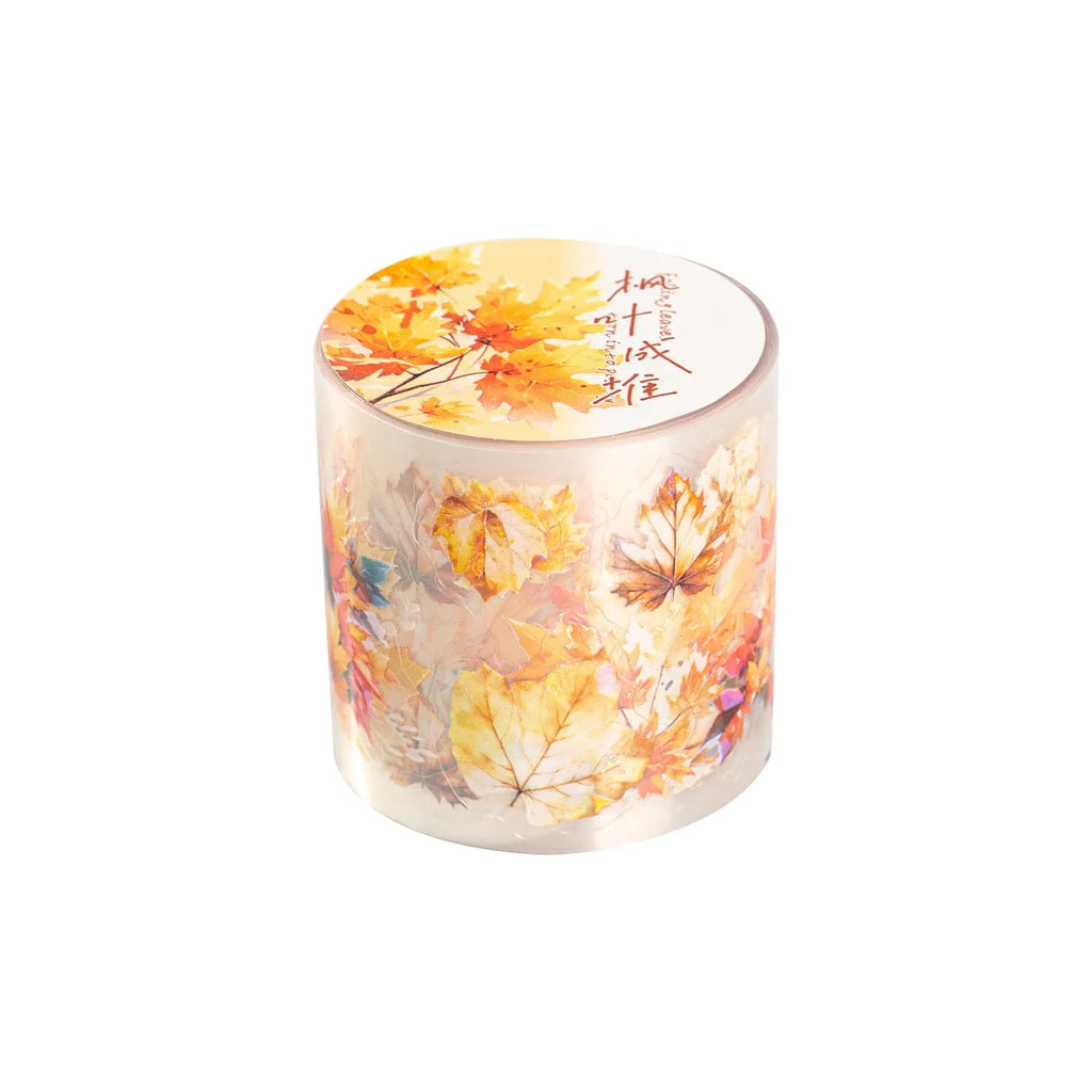 Deciduous Poetry Series decorative PET sticker roll in six colours, showing 40mm width and leaf-themed patterns.