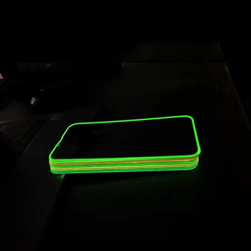 Fluorescent tempered glass iPhone screen protector in luminous colours showing full screen coverage