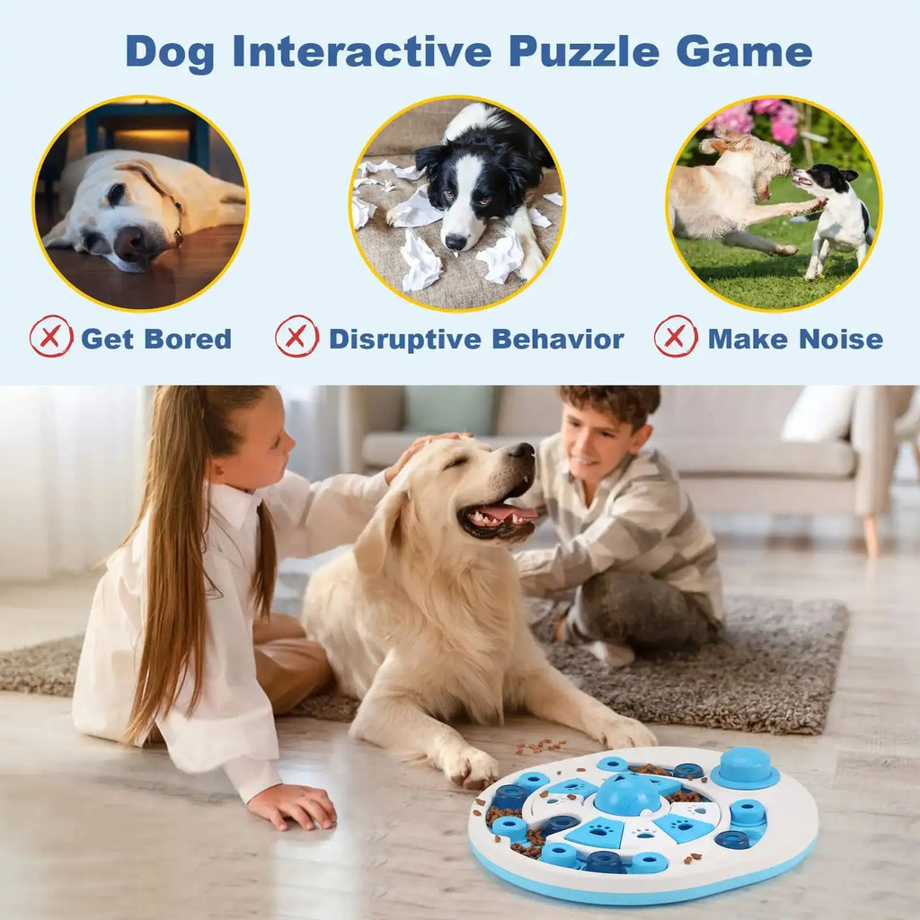 Dog puzzle toy with 24 hidden food compartments and spherical bells in blue colour option