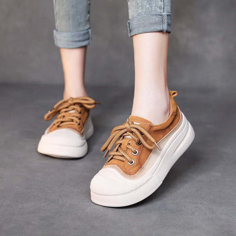 Women's full grain cow leather lace-up casual shoes with round toe in yellow and brown colours