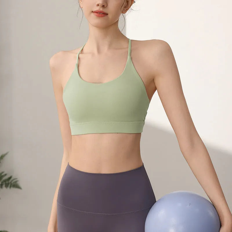 Women's nylon sports vest in various colours with fixed double-shoulder straps for running and yoga.