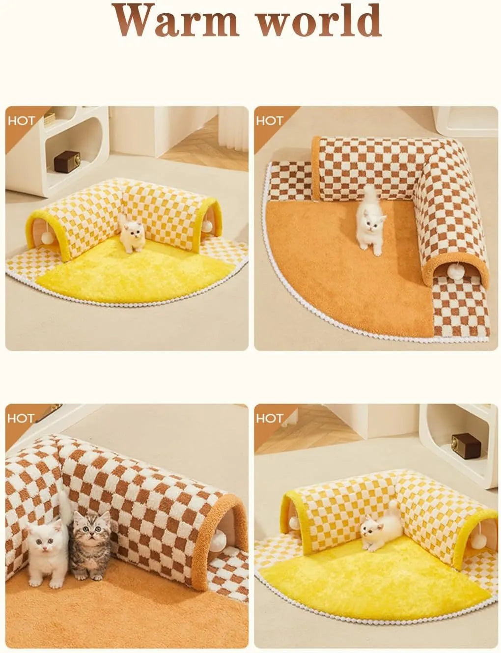 Brown plaid plush cat tunnel bed with a zippered side and central mat, shown on a wooden floor.