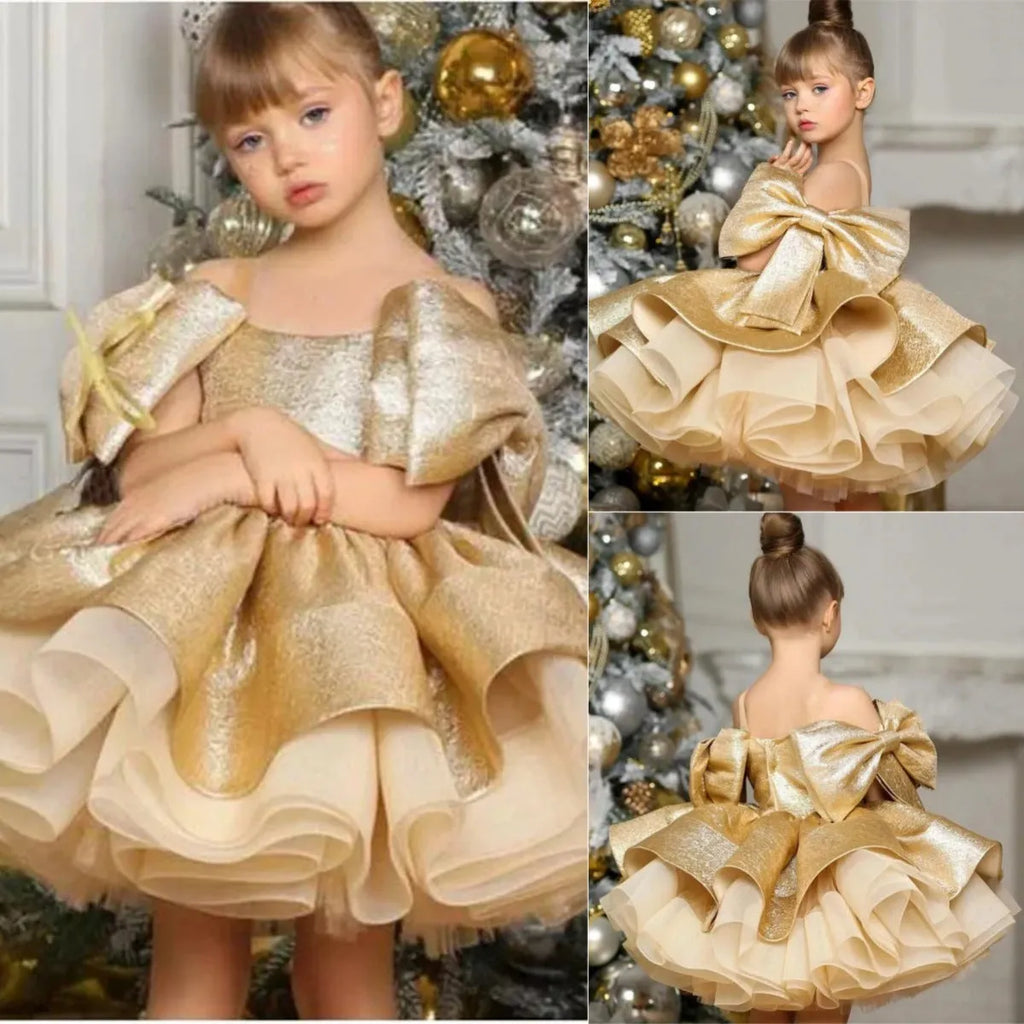 Gold satin one-year-old celebration dress for baby girl in princess style, polyester fabric, available in 80-150cm heights