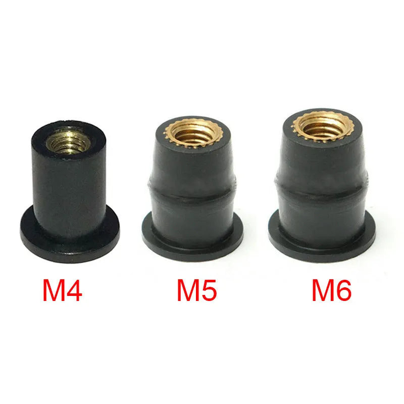 Black rubber and brass expansion well nut fasteners for motorcycle windshield mounting in M4, M5, M6 sizes.