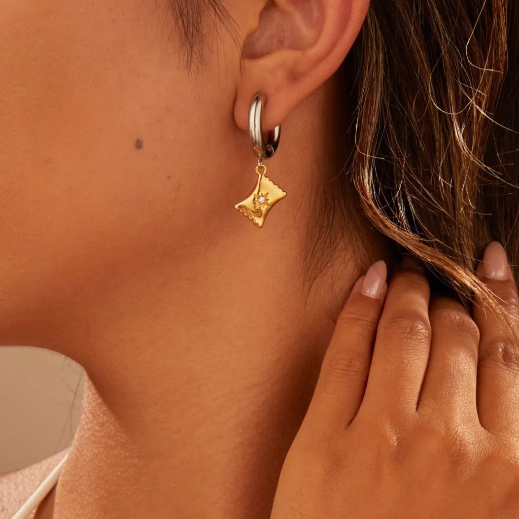 Stainless steel Christmas tree heart earrings with electroplated 18K gold finish and star geometric designs
