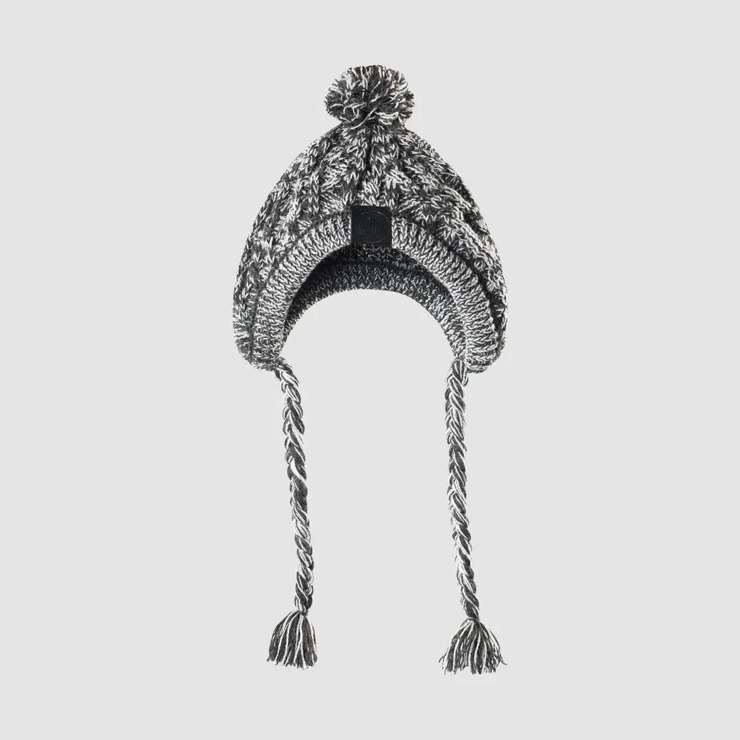Acrylic knit dog hat with fluffy ball decoration in grey, side view showing knitting pattern