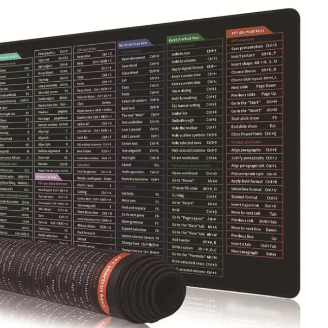 Large office mouse mat with printed English keyboard shortcut keys and calculator references