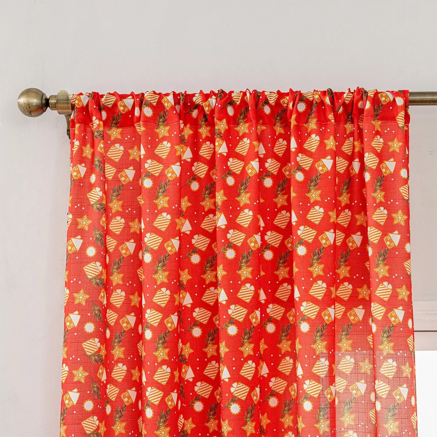 Red Christmas curtain with printed snowman and angel cartoon figures, 1 metre length