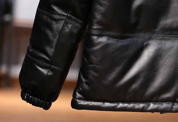 Men's black stand collar sheepskin down leather jacket with white duck down filling, pocket decoration, and cashmere fabric