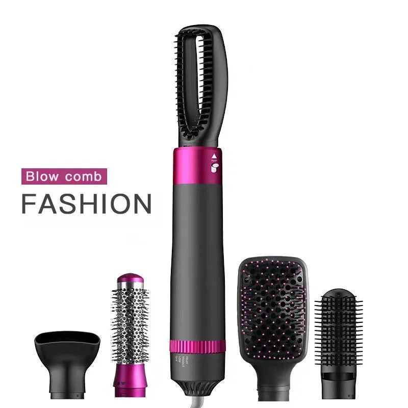 Dyson grey 5-in-1 hair dryer brush and straightening brush with five interchangeable attachments on a white background