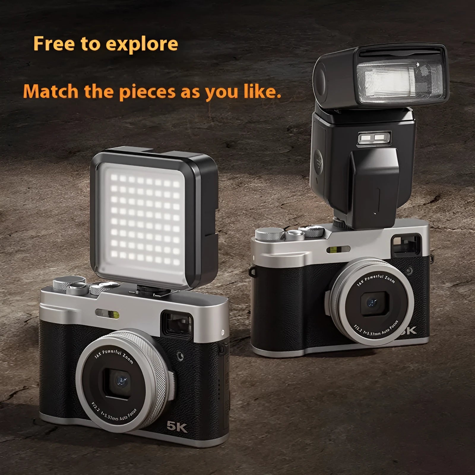 Black or brown 5K digital camera with front and rear lenses, optical viewfinder, and 2.88-inch screen