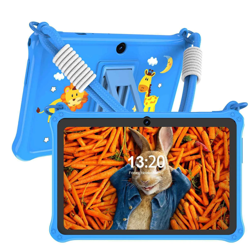 7-inch silicone protective case with flat strap for children's tablets in sapphire blue and dark pink colours